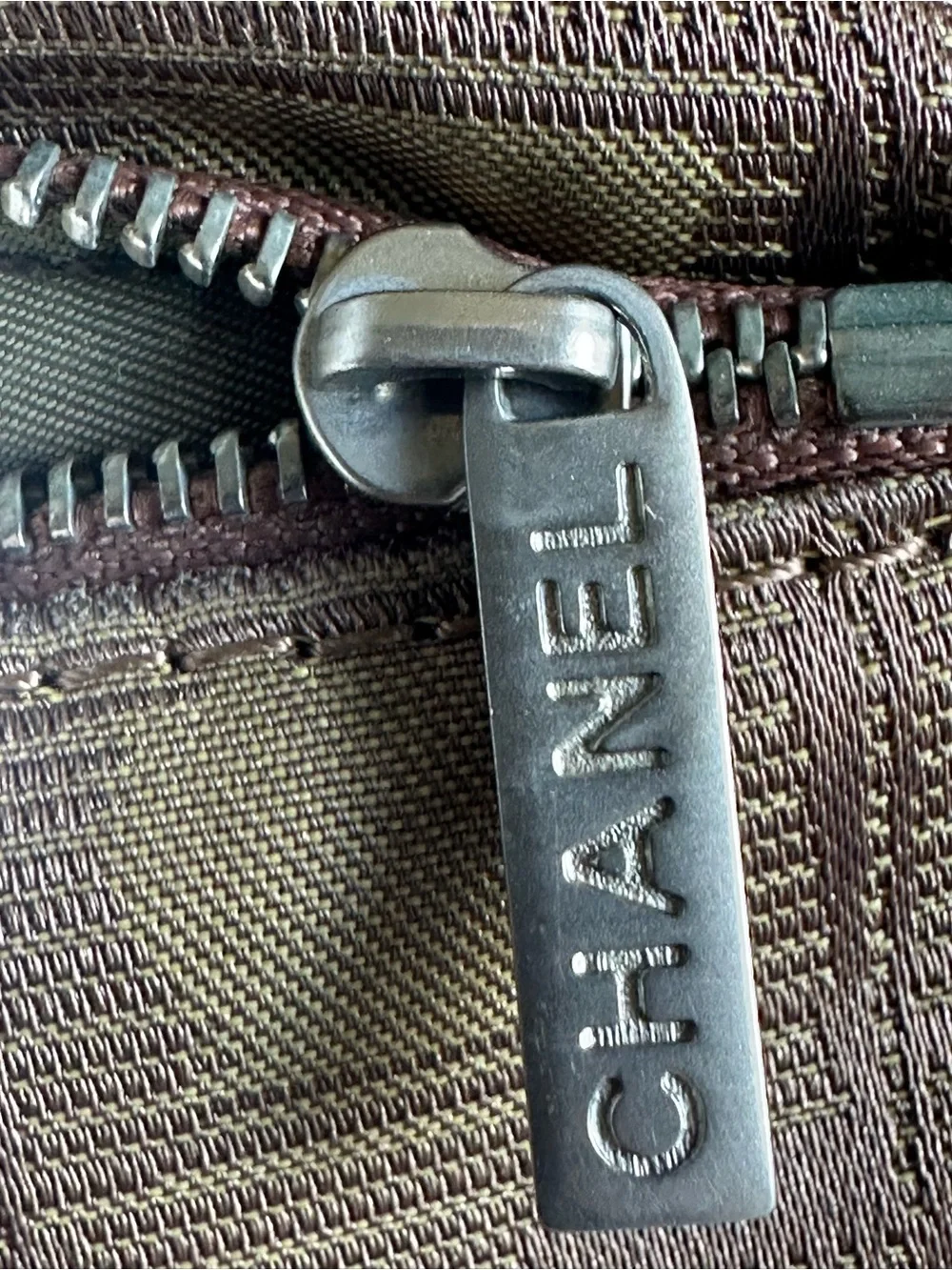 Vintage CHANEL New Travel Line Olive Khaki CC Jacquard Vanity Bag with Card